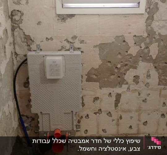 קיר חשוף עם צנרת ושקע חשמל במהלך שיפוץ